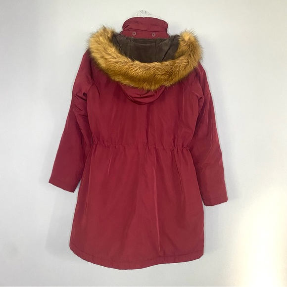 Women’s Hooded Water Resistant Coat Size Small Dark Red Fur Hood Pockets - Picture 2 of 12